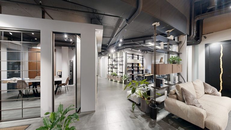 Дверь распашная двустворчатая NUOVO шпон ROVERE GRIGIO декор LINEA 4 G