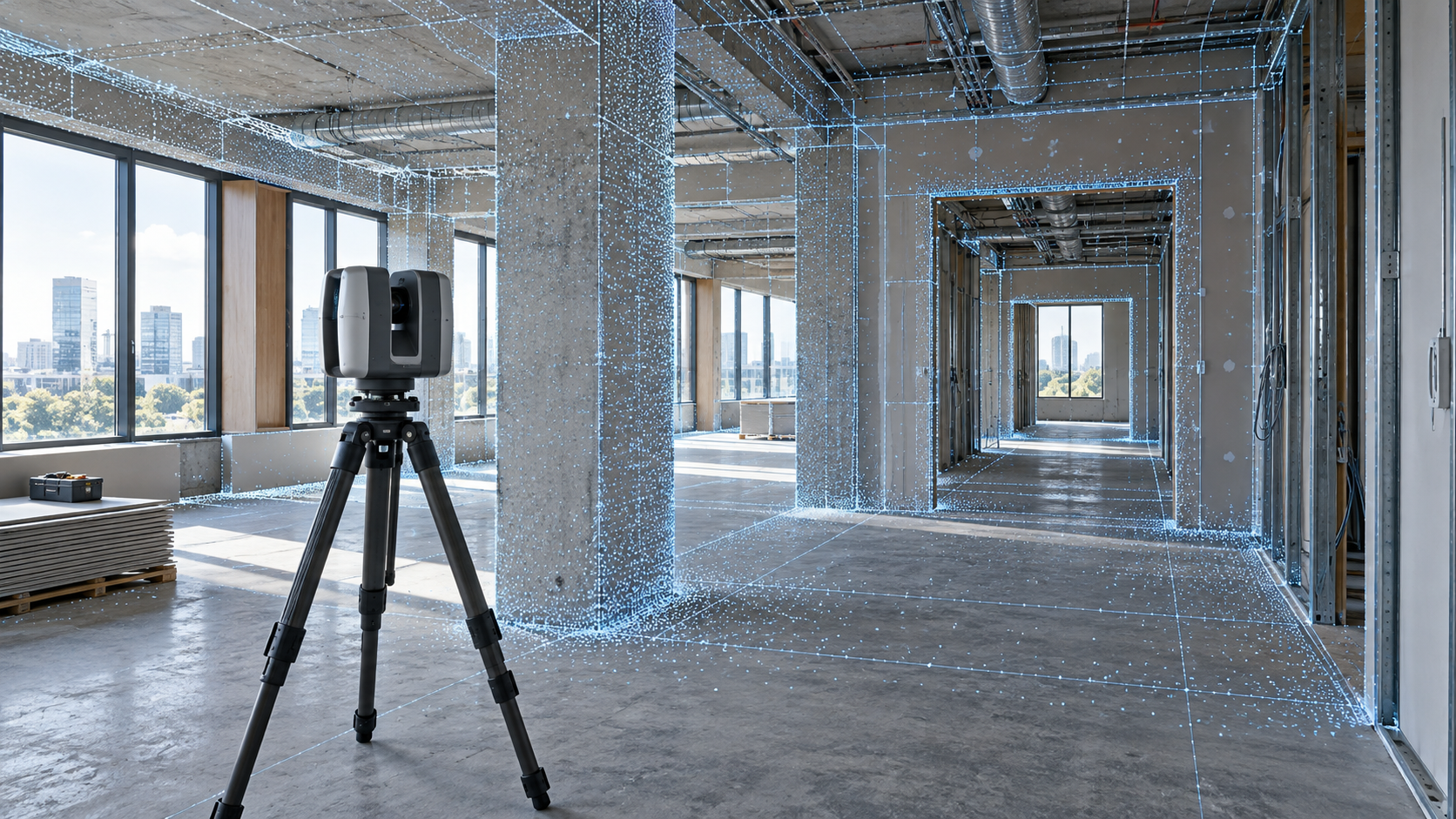 AI-иллюстрация: безымянный лазерный 3D-сканер в строящемся офисе с облаком точек и пространственным каркасом.